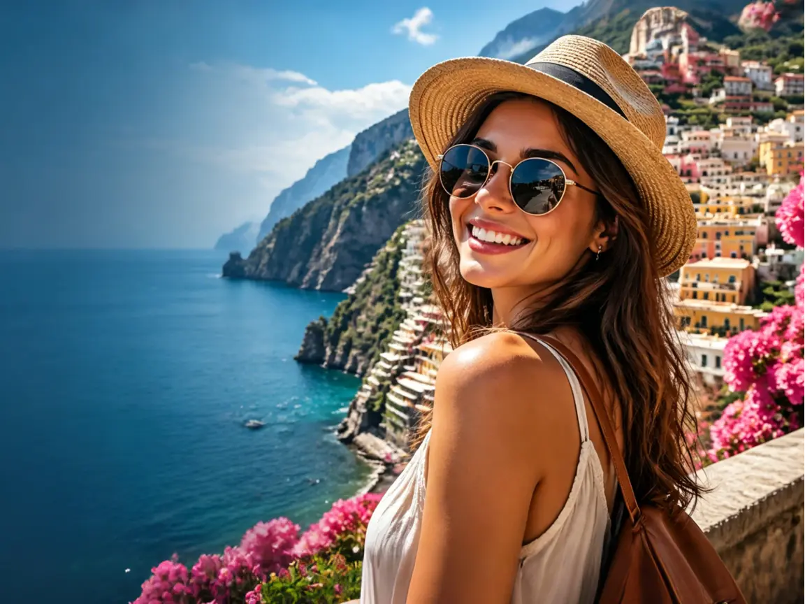 "Daily Vlog: Italy Adventure" YouTube cover art with scenic Positano backdrop, showcasing "Amazing Places, Delicious Food, Unforgettable Memories".